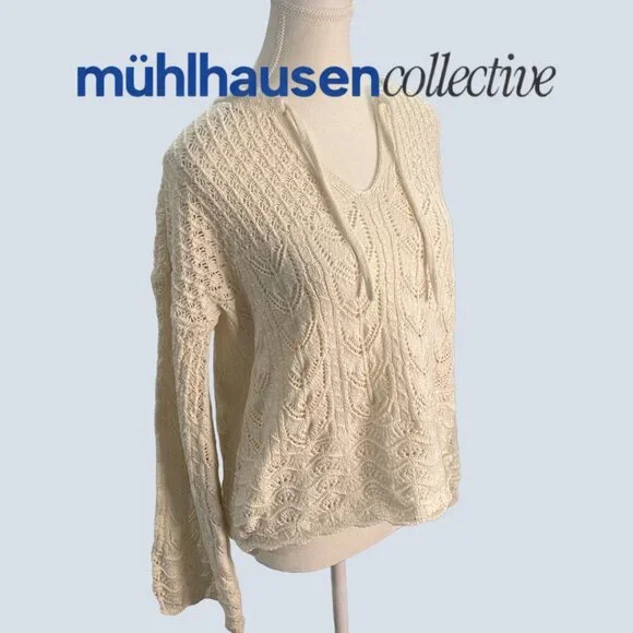 Lands’ End Cream Knit Sweater Small Boho Crochet Lightweight Cozy - Picture 2 of 7